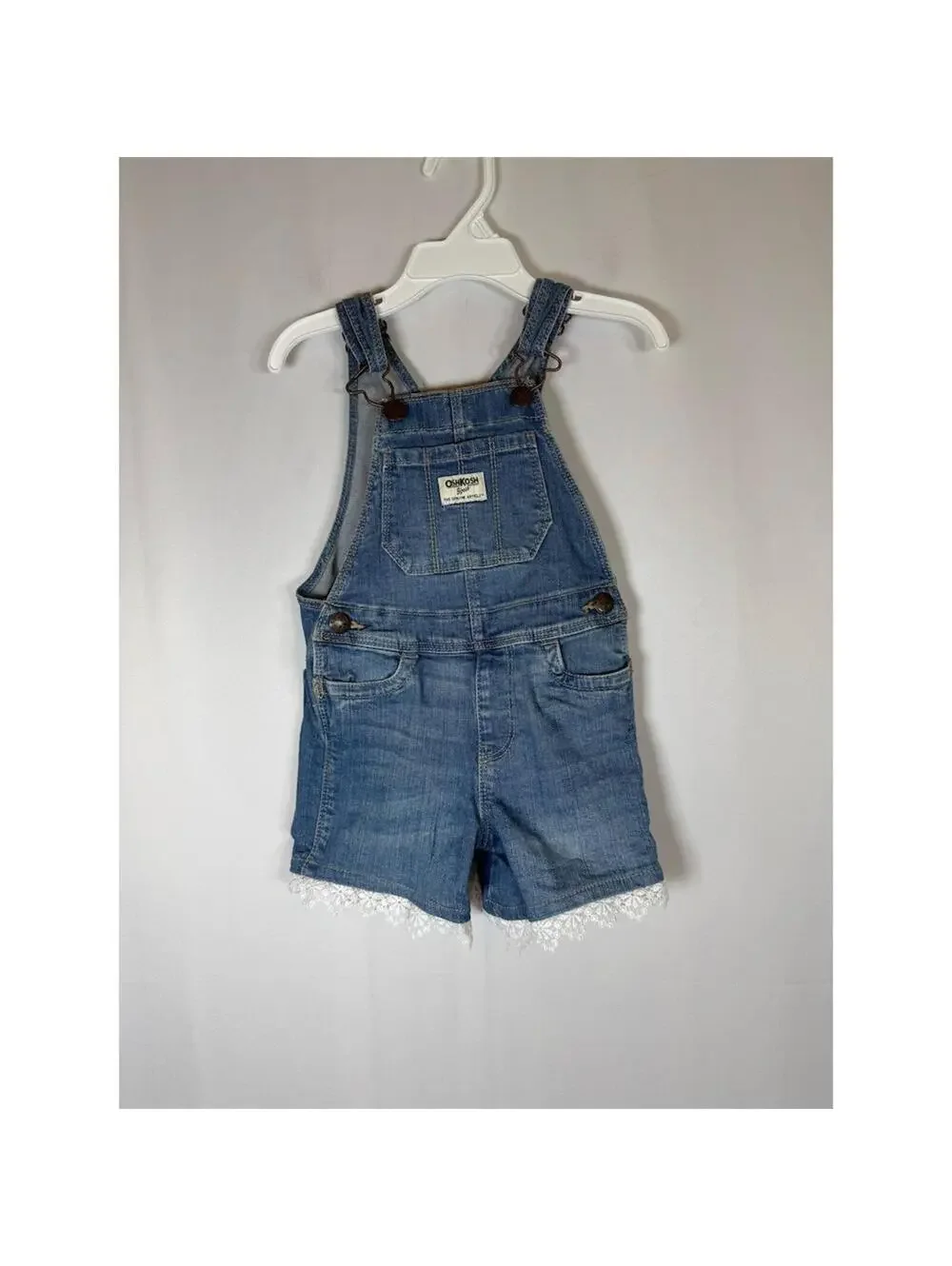 OshKosh B'gosh Girls Denim Shortalls Blue Overall Shorts Lace Trim Size 2T